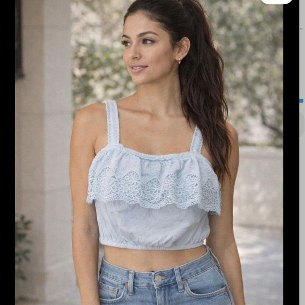 American Eagle Vintage Tank Top Light Blue Eyelet Crochet Ruffle Y2K Cottagecore